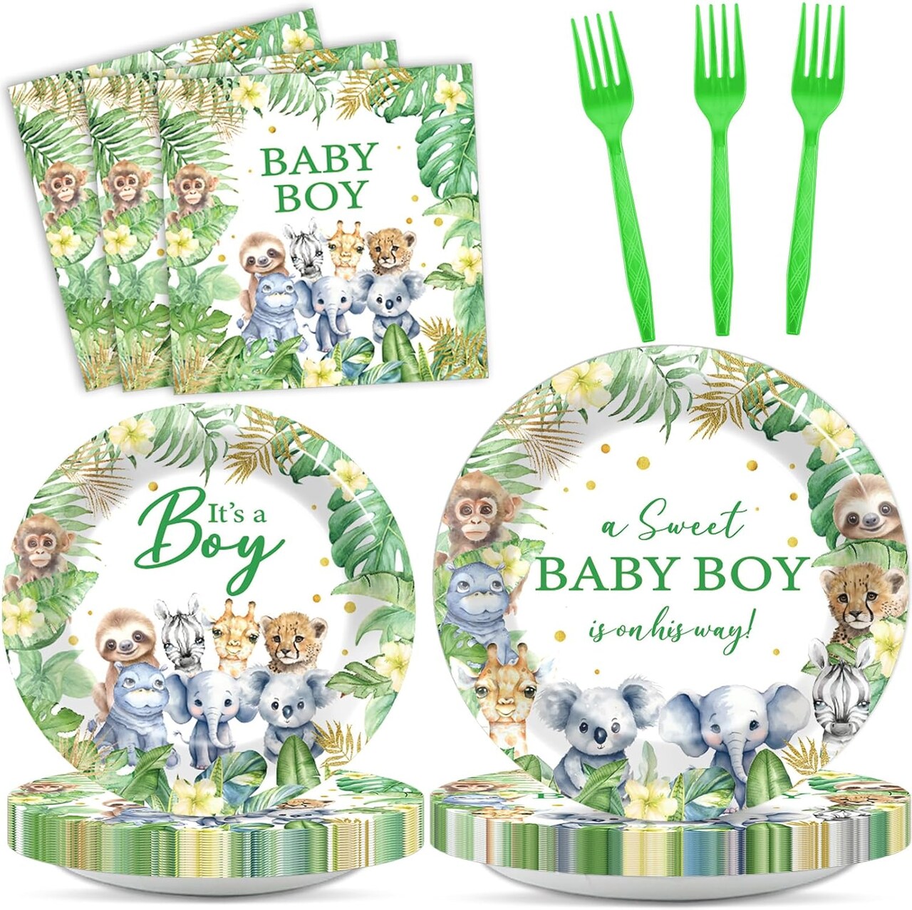 96Pcs Safari Jungle Baby Shower Party Supplies Green Wild Animals-Serves 24 (Green, White, Yellow)